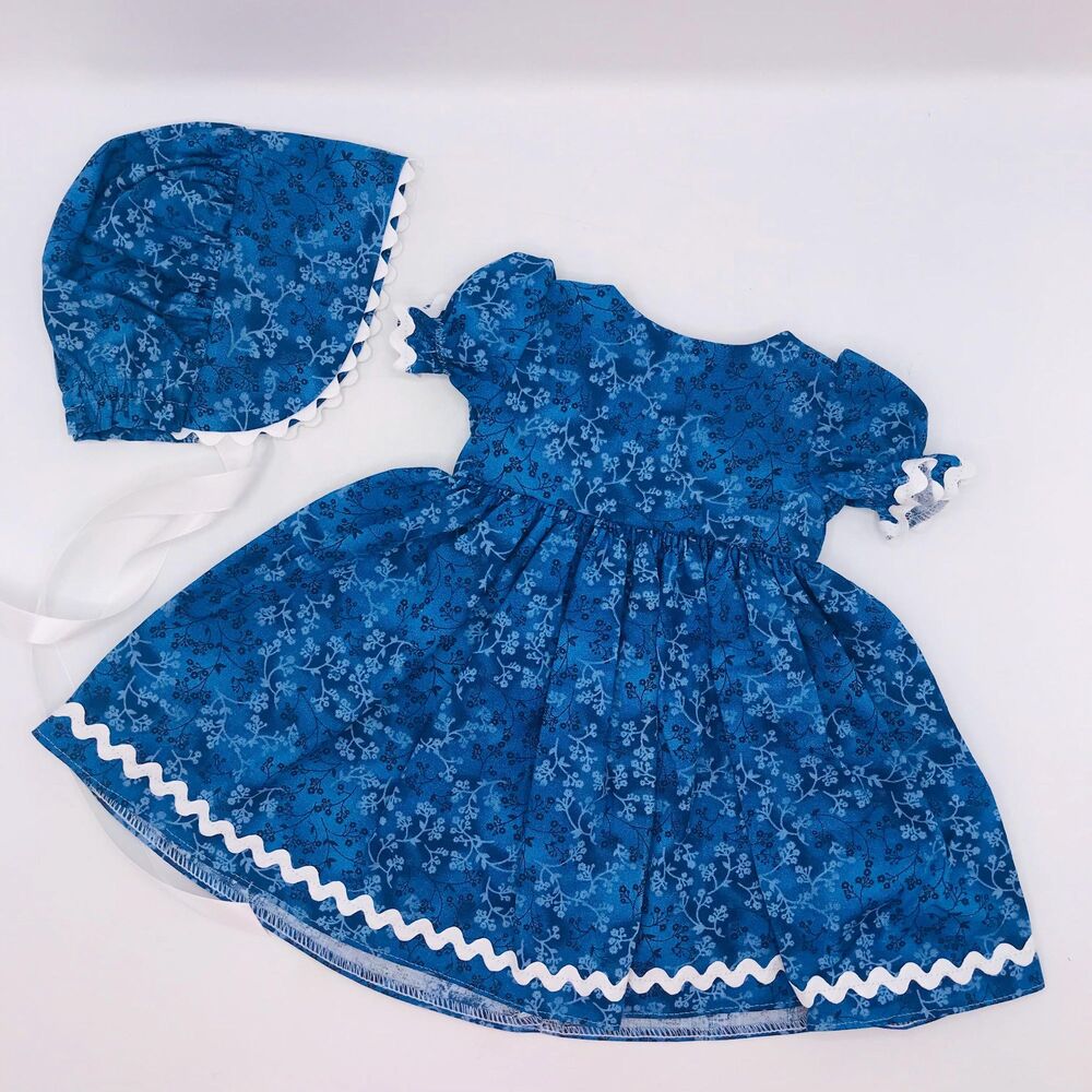 Pioneer Doll Dress & Bonnet, Handmade Outfit For 18 Inch Dolls Blue Vine Floral